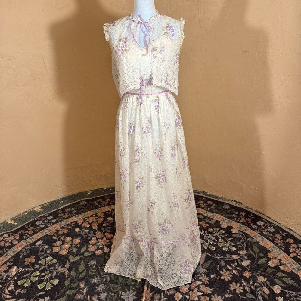Vintage 70s Floral Prairie Maxi Dress Womens Small Cottagecore Lace Set USA - Picture 2 of 8